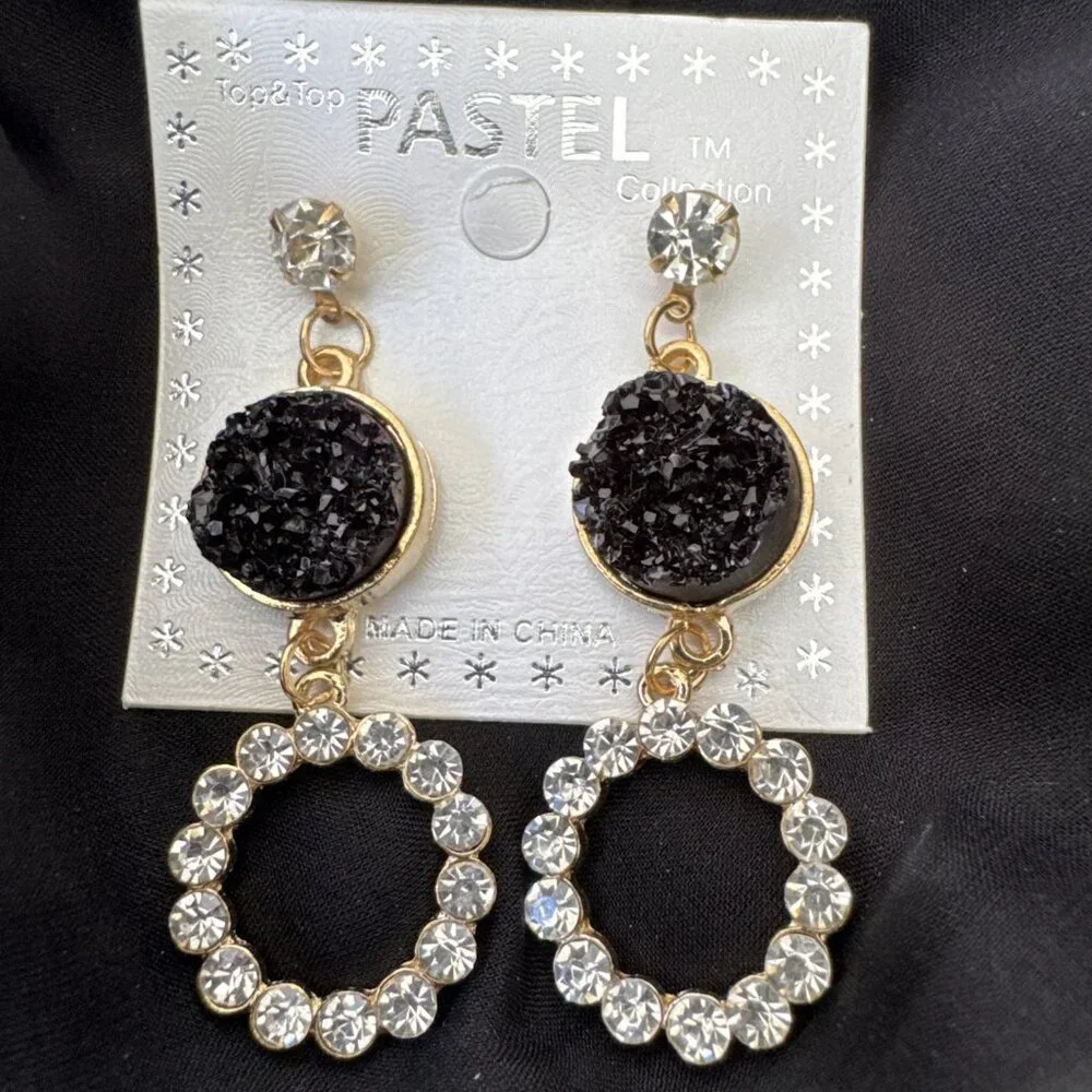 Pastel Faux Black Stone Crystal Gold Rhinestone Earrings Dangle Drop Party NEW